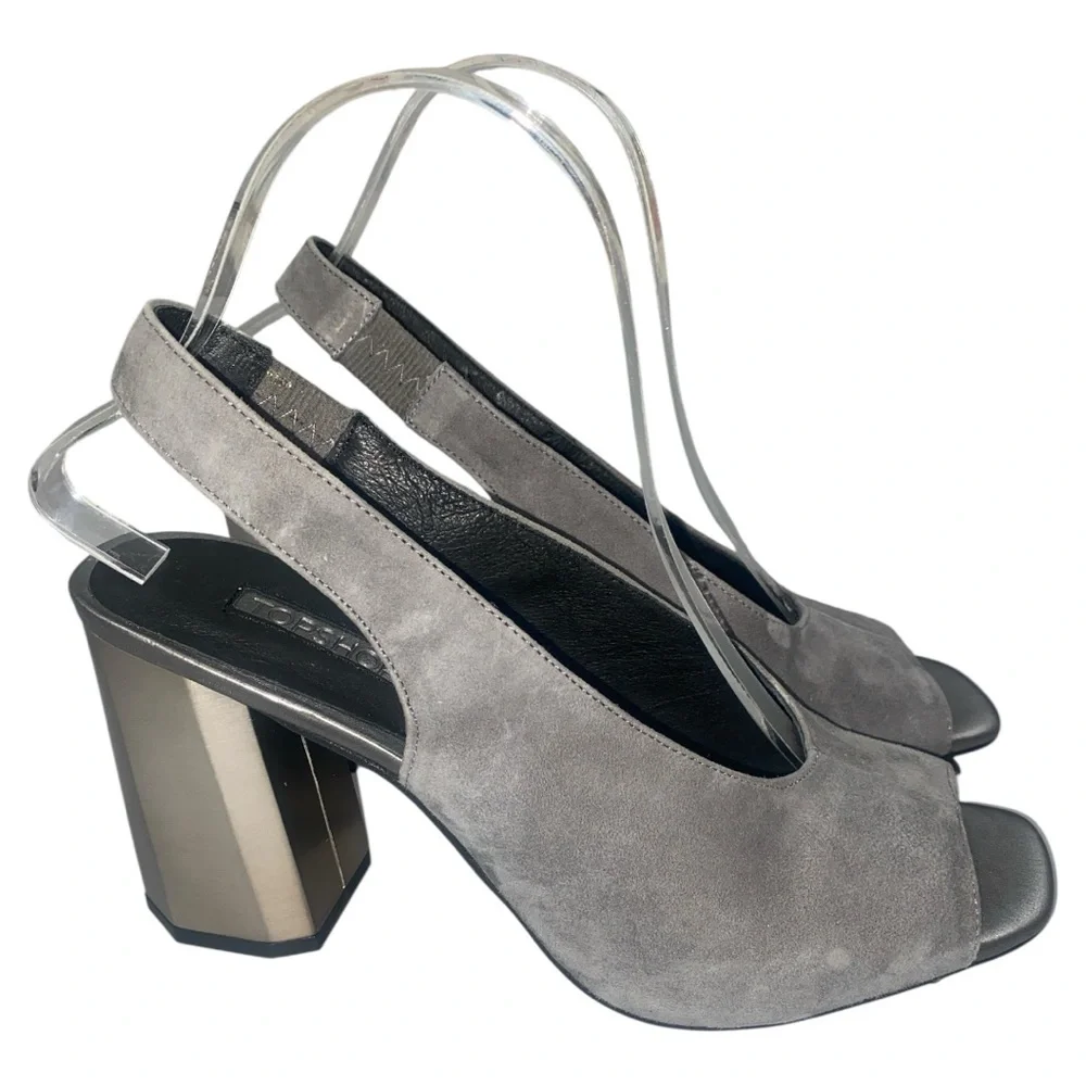 Topshop Roxy Gray Suede Slingback Size 9 Square Toe Metallic Octagon Heel